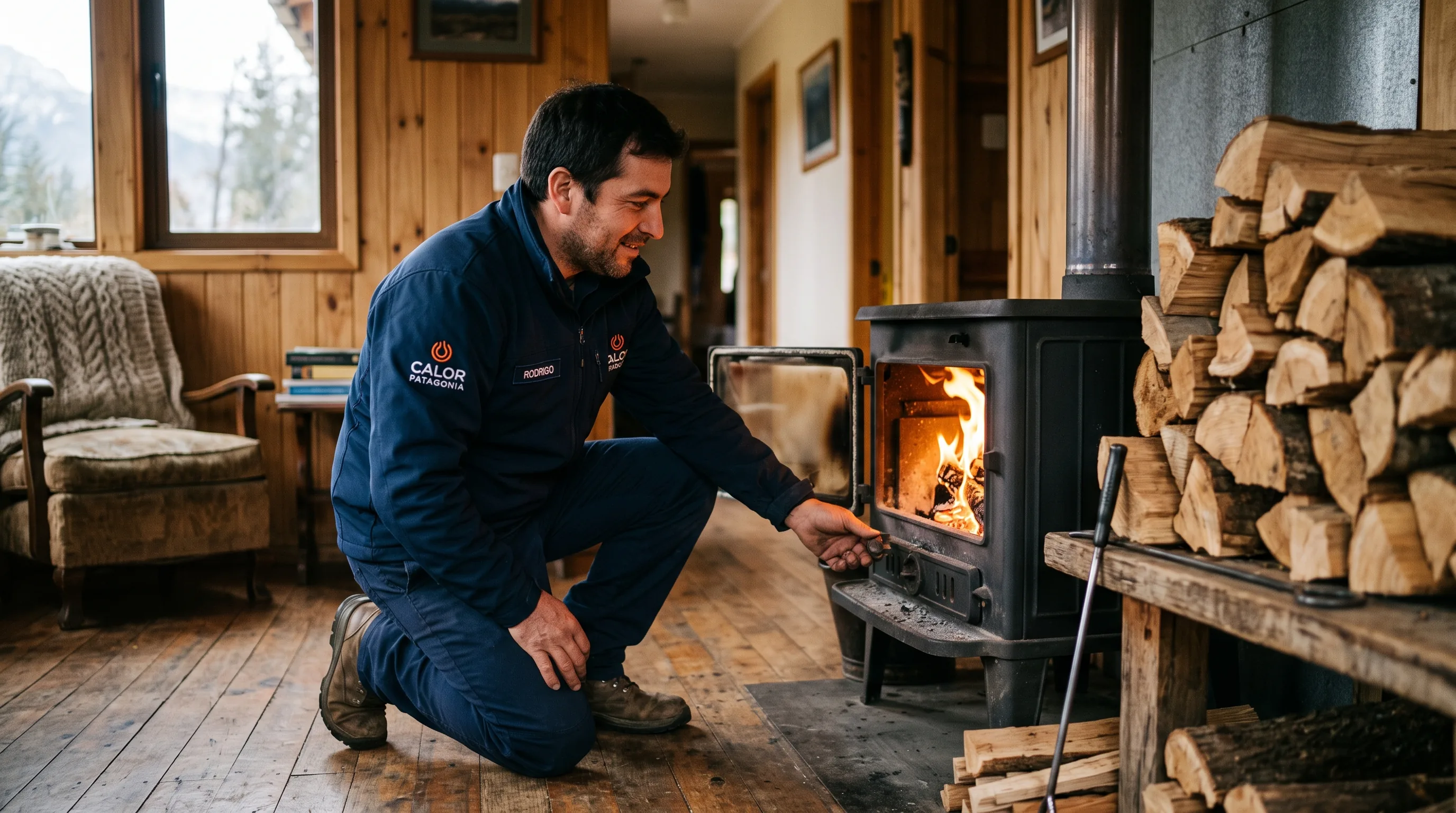 Técnico de Calor Patagonia revisando una estufa a leña encendida en una casa patagónica
