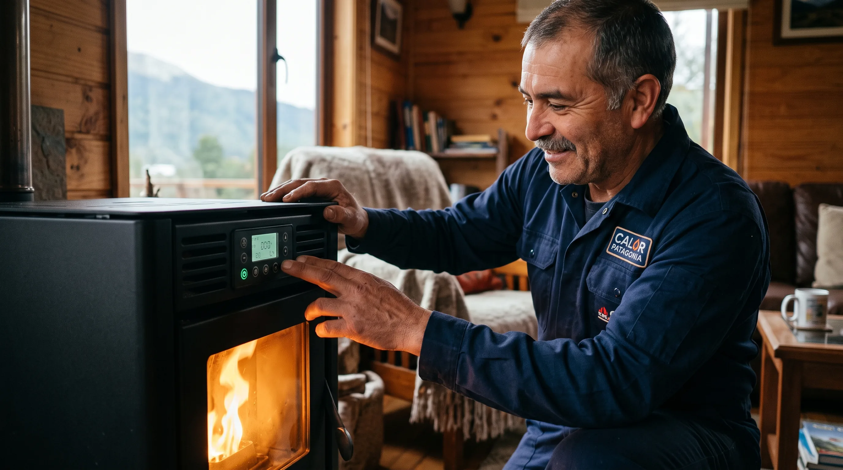 Estufa a pellet encendida instalada por Calor Patagonia en una casa de Coyhaique