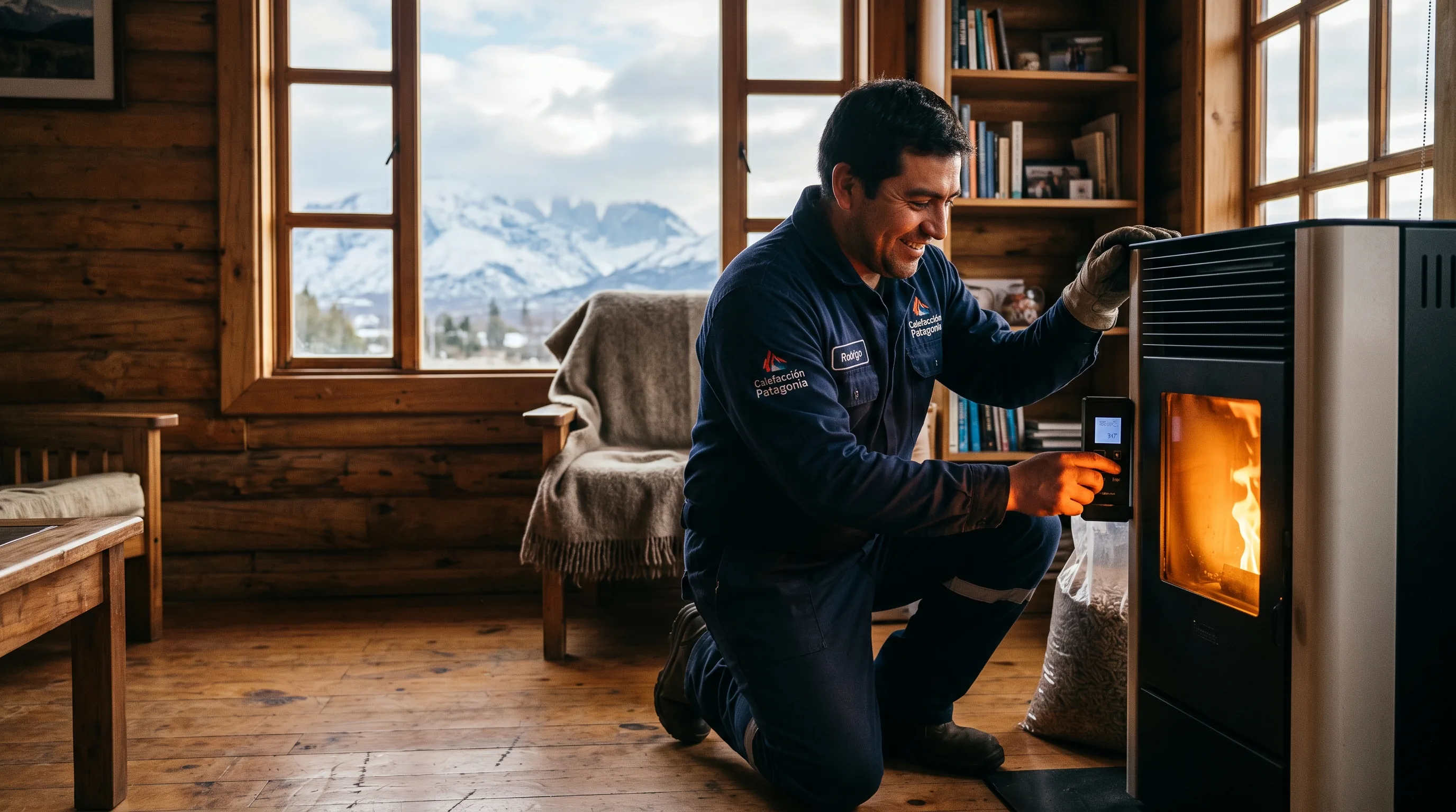 Técnico de Calor Patagonia encendiendo una estufa a pellet en una casa de Coyhaique