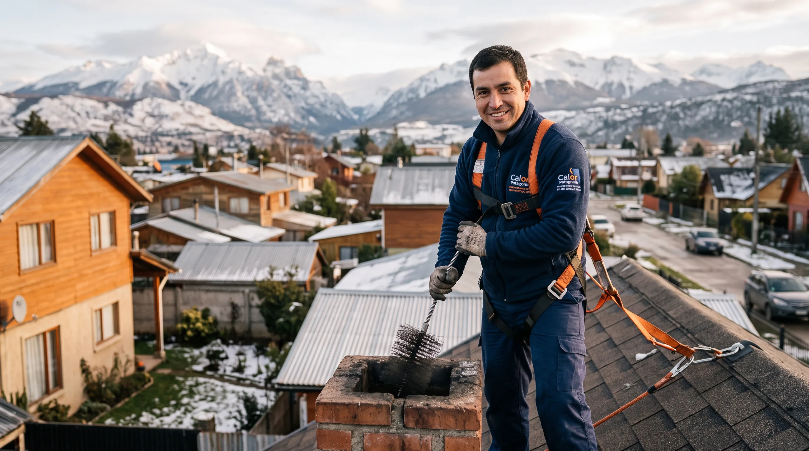 Técnico de Calor Patagonia limpiando una chimenea sobre un techo en Coyhaique, con la cordillera nevada de fondo