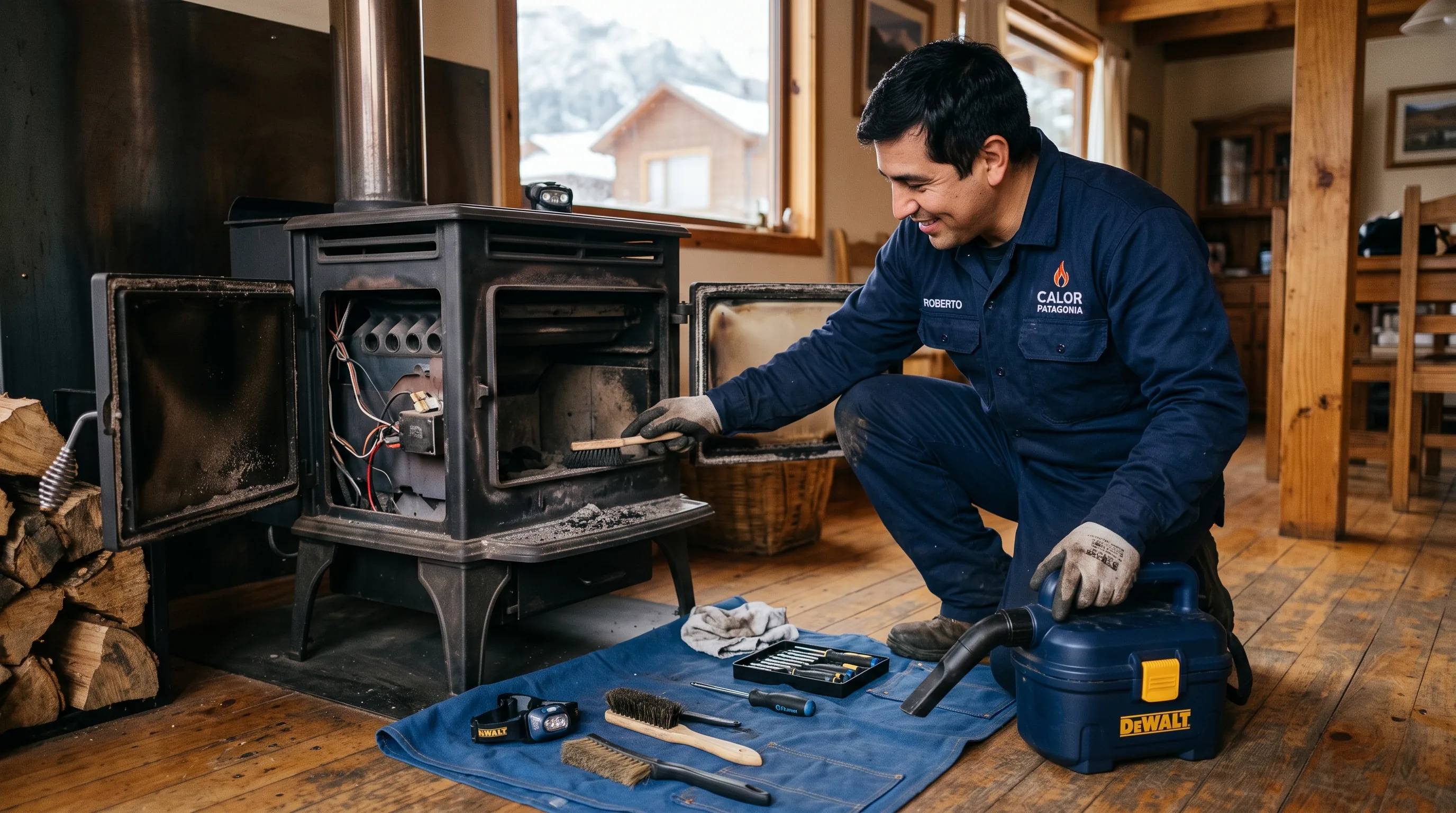Técnico de Calor Patagonia haciendo mantención y limpieza a una estufa con herramientas