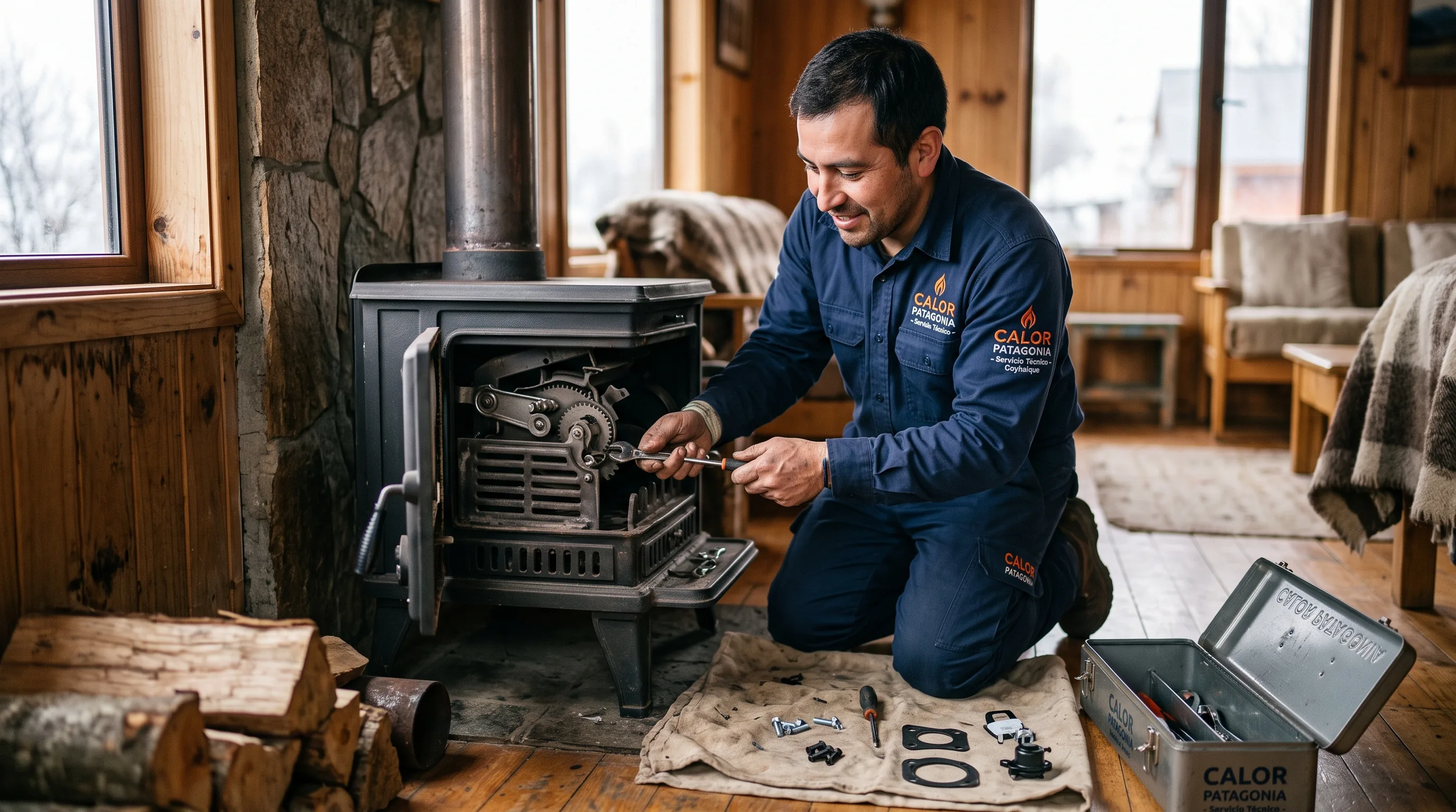 Técnico de Calor Patagonia reparando una estufa con herramientas y repuestos
